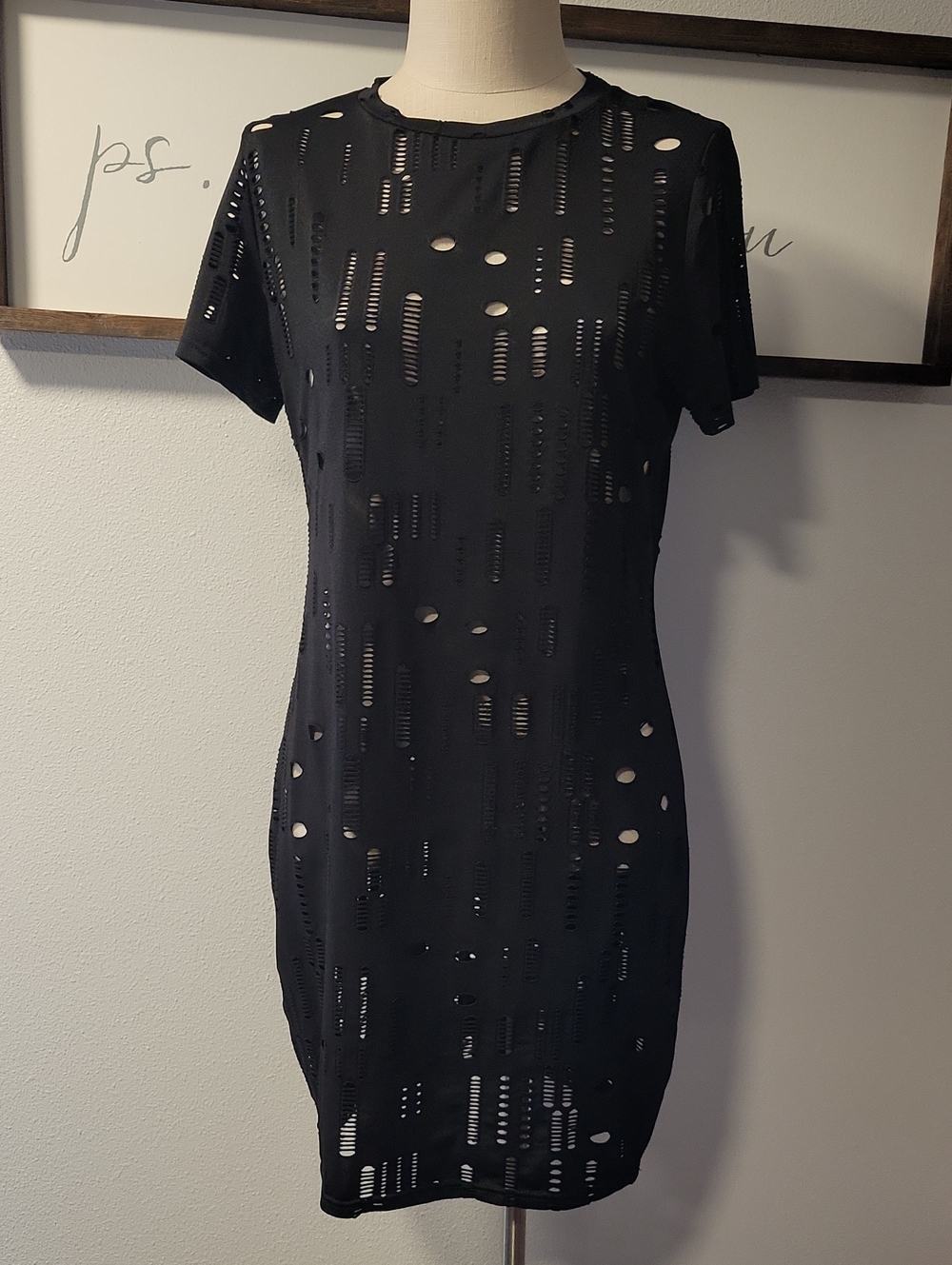 Black Laser-Cut Short Sleeve Bodycon Dress or Cover up